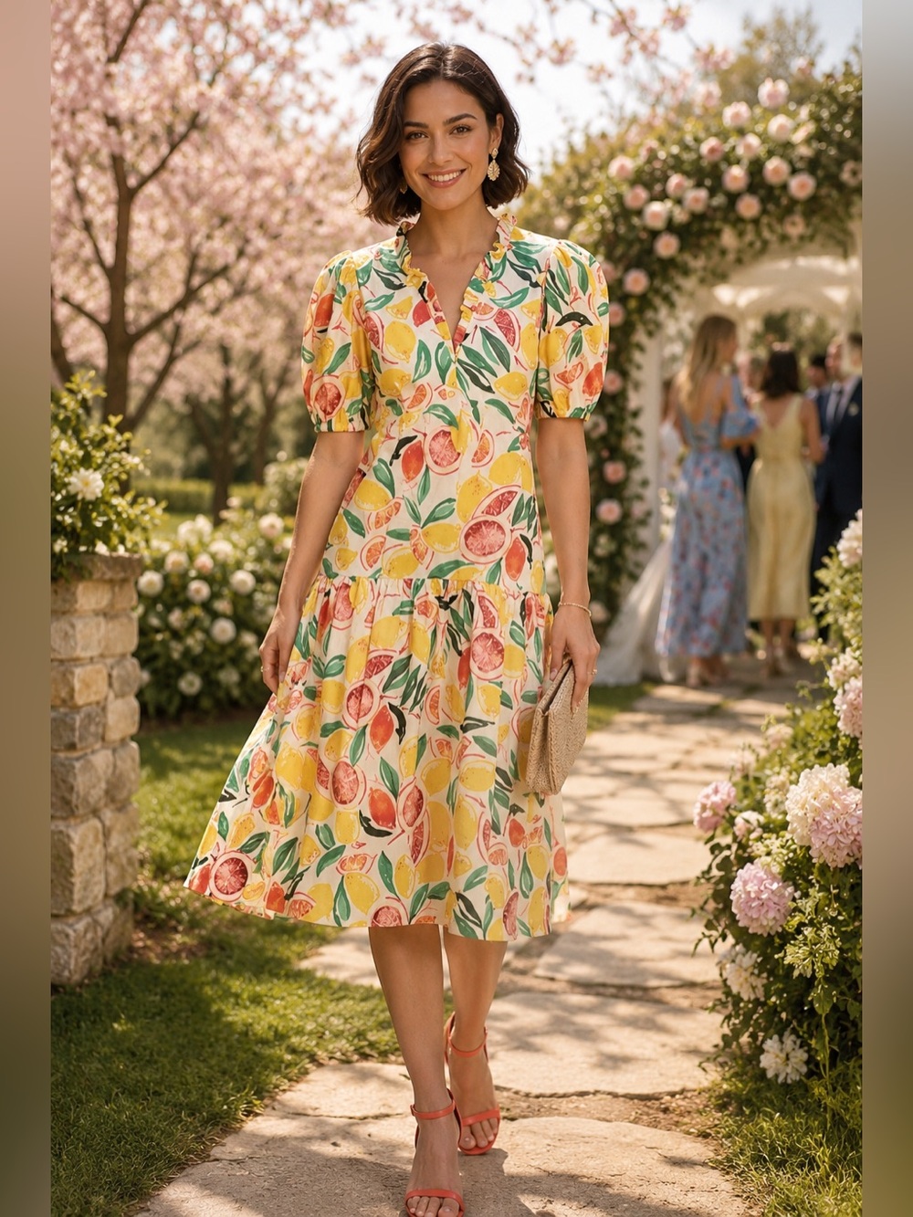 Donna Morgan Fruit Print Midi Dress Size 6 Spring Wedding Guest Puff Sleeve